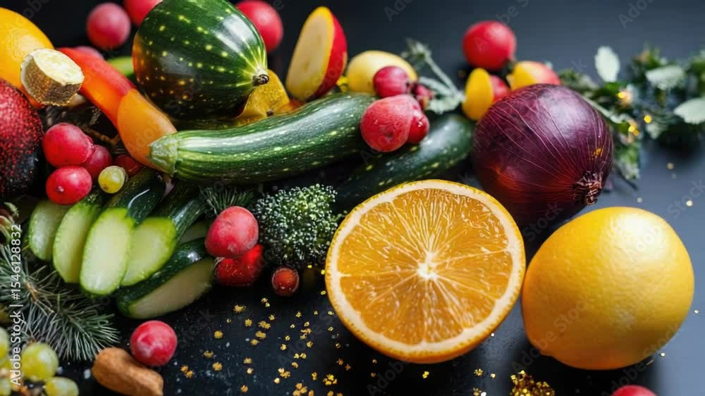 Poster a colorful array of fresh fruits and vegetables arranged on a table