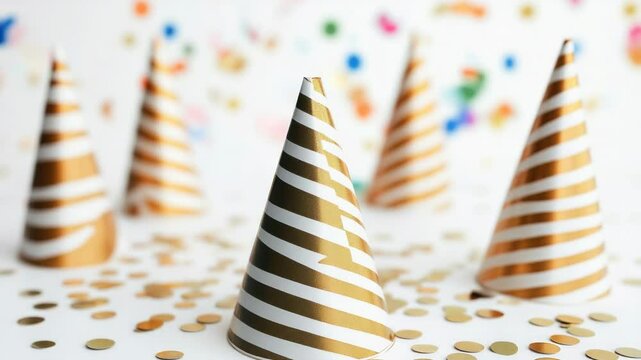 A collection of colorful party hats arranged on a table, perfect for decoration or themed events