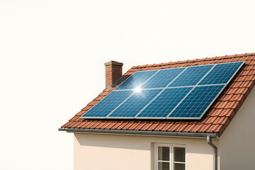 Solar panels on the roof of a cozy house. Space for text.