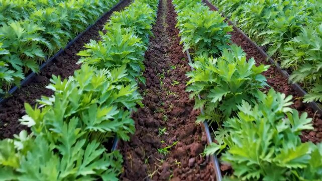a close up of a field of green plants with dirt