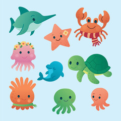 Cute Ocean Creatures Character Set.