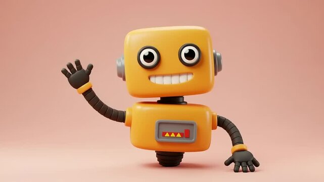 Cheerful cartoon robot waving with a friendly smile against a soft pink background, showcasing fun design