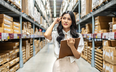 Focused on her task, Young asian woman holding clipboard meticulously updates inventory records,...
