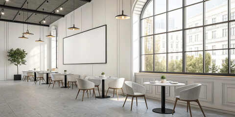 Empty White Wall Mockup in Modern Cafe Interior: A Creative Space for Branding and Marketing