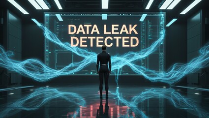 A futuristic male figure detects a data leak in a high-tech environment, surrounded by glowing digital elements.