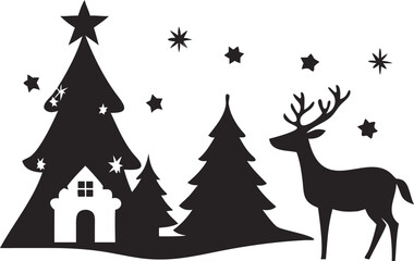 Black Silhouette Christmas Scene Featuring a Reindeer Christmas Trees a Small House and Stars on a White Background