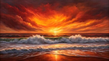 Fototapeta premium Beautiful sunset ocean waves painting scenic beach artwork