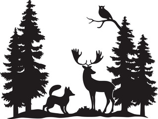 Black Silhouette Illustration of a Deer Fox and Owl in a Forest of Evergreen Trees vector