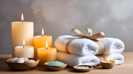 Conjunto de itens de spa com toalhas, velas e elementos decorativos em tons neutros, capturados com luz natural suave, criado com IA generativa.