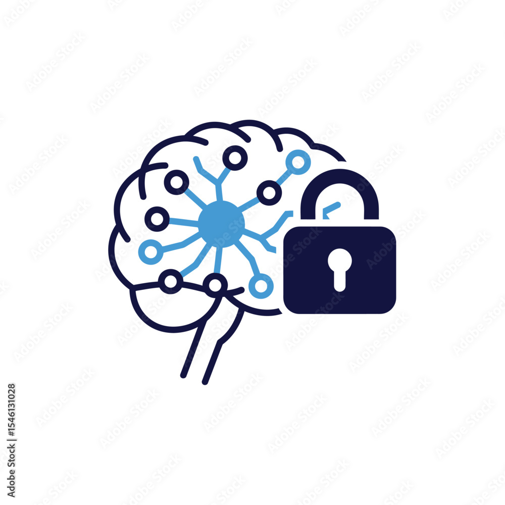 Poster blue brain neural network data security padlock icon