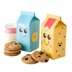 Adorable cartoon milk cartons holding chocolate chip cookies and smiling at each other, symbolizing perfect food pairing, friendship, and joy, isolated on a white background.