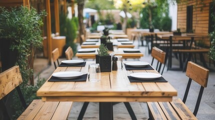 Common settings of cafe interior with wooden tables and plate sets