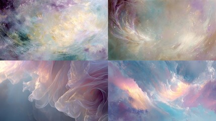 Four ethereal, pastel-toned abstract art pieces; top two resemble nebulae, bottom left shows flowing fabric, bottom right depicts dreamy cloudscapes
