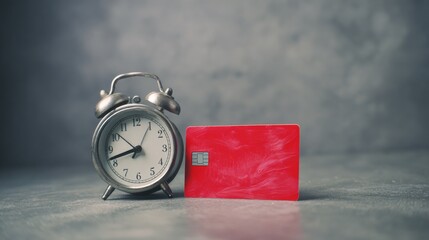 Vintage silver alarm clock with dual bells and white face showing 10:40, paired with a red credit card featuring a chip, on a gray surface with blurred neutral background.