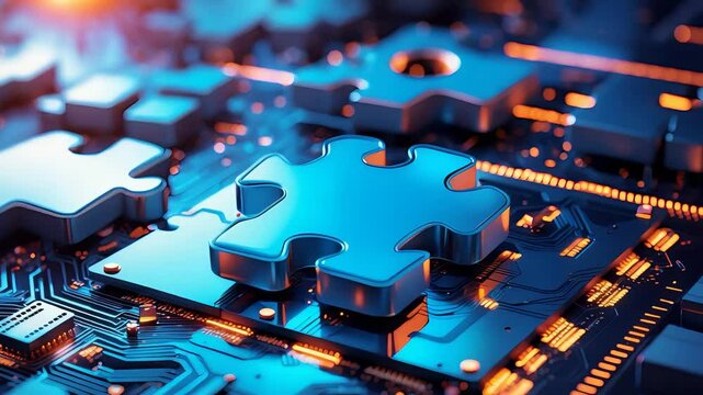 Blue Puzzle Piece Fitted Circuit Board Glowing Orange Electronics Connection Assembly