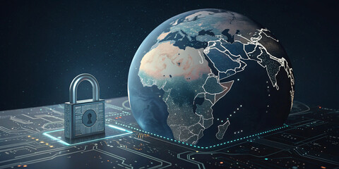 A Globe with a Digital Padlock Over a Circuit Board, Highlighting Cybersecurity and Global Connectivity