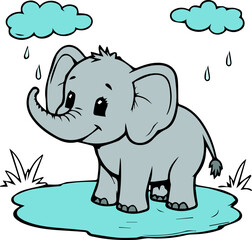 Elephant cartoon under raindrops and clouds