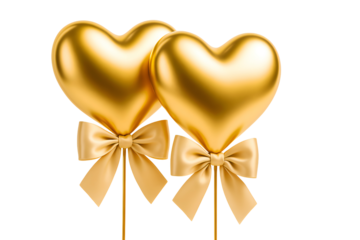 Shiny Gold Heart-Shaped Balloons on Sticks with Matching Satin Bows for Romantic or Wedding Celebration Decor on Elegant Background