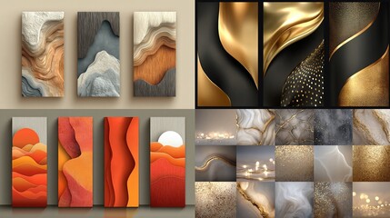 A collage showcasing diverse abstract art pieces; featuring layered textures, metallic gold accents,  subtle lighting, and earthy tones in both warm and 
s