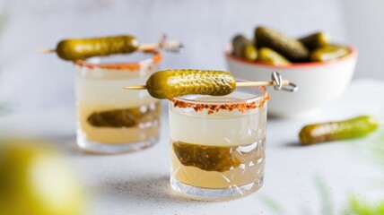 Cocktail with pickled cucumber, strung on a skewer. The edges of the glass are sprinkled with chili flakes. In the background is a plate of pickled cucumbers.