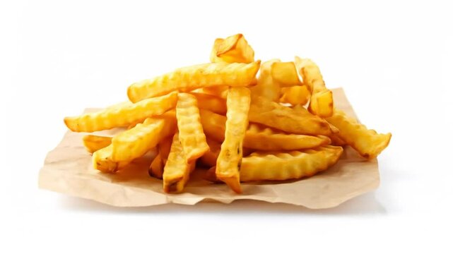 Crispy golden crinkle cut french fries served on brown parchment paper, isolated on white