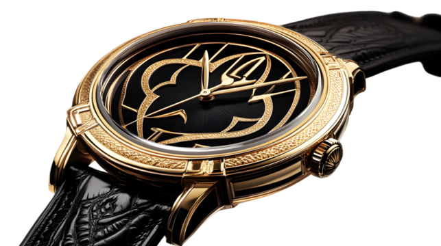 Close up of a gold watch with a black face and leather strap on transparent background png
