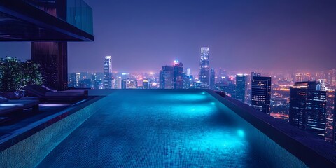 Stunning Night View Infinity Pool Overlooking City Skyline