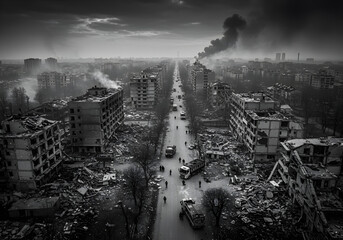 An aerial view of a devastated city after a modern war, with smoke rising from the debris, collapsed buildings under a dark sky at midday, with rescue vehicles navigating the ruined streets.