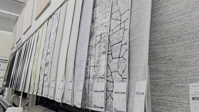 Moscow April 30 2025, row of carpet samples are displayed in a store. The samples are of different colors and textures, and they are arranged in a neat and organized manner