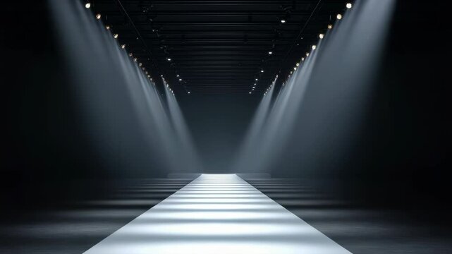 Fashion runway stage with spotlights in darkness, event background concept