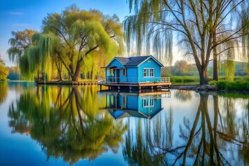 Blue lake house nestled among weeping willows at sunrise, tranquil scene