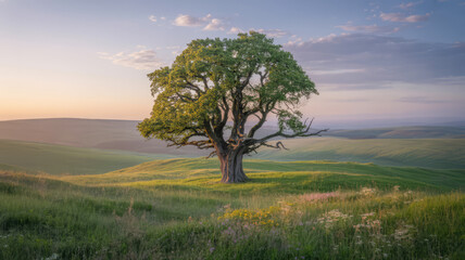 Fototapeta premium Golden Sunset Over Rolling Green Hills and Solitary Tree