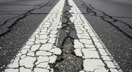 A crumbling asphalt road with a severely cracked and broken white line representing decaying infrastructure neglect and a difficult path or journey