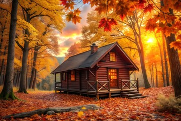 Cozy log cabin nestled in autumn forest at sunset, warm light
