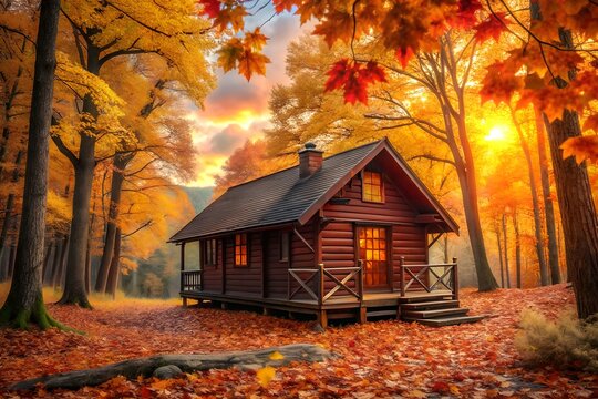 Cozy log cabin nestled in autumn forest at sunset, warm light