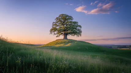 Fototapeta premium Golden Sunset Over Rolling Green Hills and Solitary Tree
