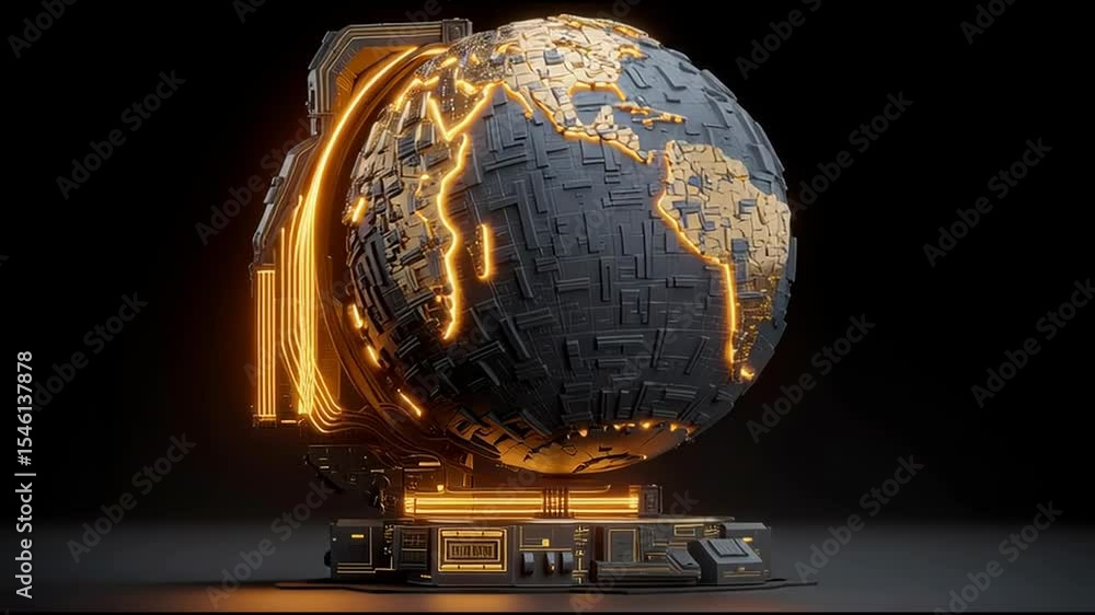Poster detailed model of a large shiny metal object reflecting light and representing economic complexity a