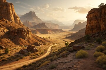 Grand Canyon National Park, Arizona, USA: a majestic landscape of red rocks and mountains under a vast sky, with the Colorado River winding through the scenic desert canyon