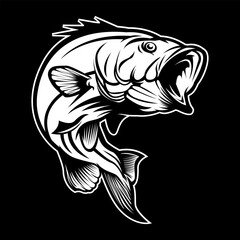 Monochrome Illustration of a Largemouth Bass Leaping with Mouth Open Depicting a Powerful Aquatic Predator in Striking Black and White
