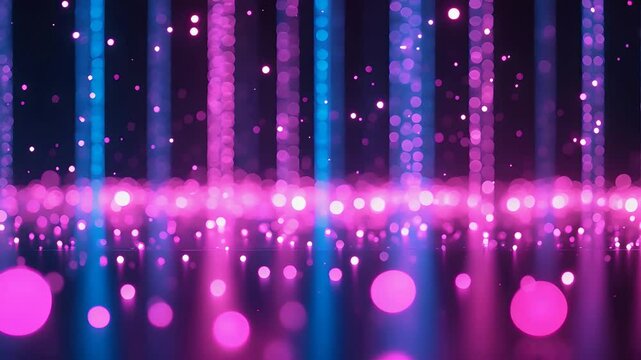 Vertical Neon Blue and Pink Bokeh Light Columns with Sparkling Particles and Soft Focus Glow Form Futuristic Digital Abstract Background

