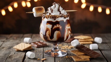 S'mores White Russian cocktail, in a clear glass. The rim of the glass is covered with chocolate. Decorate the top with whipped cream, crackers, mini marshmallows and sprinkle with chocolate syrup.