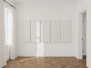 Minimalist White Rectangular Art Panels Mounted on a White Wall in a Room with a Wooden Floor
