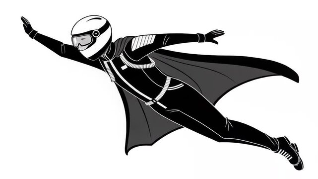 Stickman in Black Skydiving Suit Cape and White Helmet Isolated on White Background Symbolizing Adventure and Flight