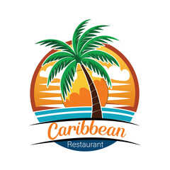 Caribbean Restaurant Logo with Palm Tree and Sun, Tropical Island Food Branding, Beach Resort Vibe, Exotic Summer Cafe Emblem Design