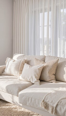 Cozy beige sofa with decorative pillows and natural light indoors  