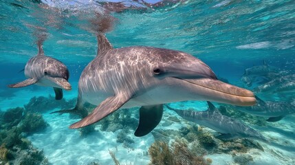 Obraz premium Two dolphins swim amongst coral reefs.