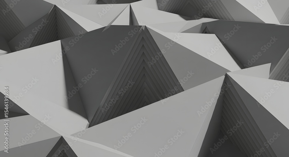 Poster a close up view of a geometric design with overlapping triangles in shades of gray and white tones