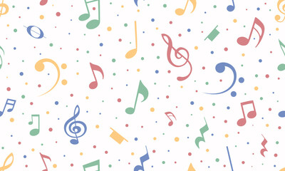 Musical seamless pattern. Pastel musical notes and confetti dots on white background. Perfect for children's products, music themed projects, or celebratory designs.