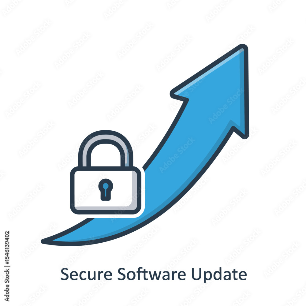 Poster blue upward arrow with padlock secure software update icon