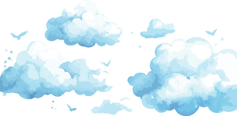 Watercolor Blue Clouds with Birds on a White Background Ideal for Children s Illustrations Wallpapers or Backgrounds Creating a Dreamy and Whimsical Atmosphere for Various